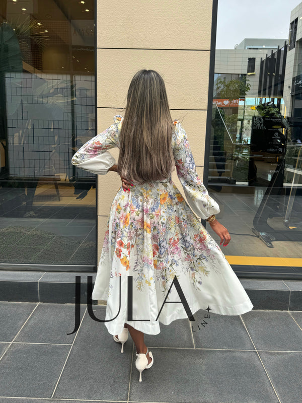 Belted White Florals Midi